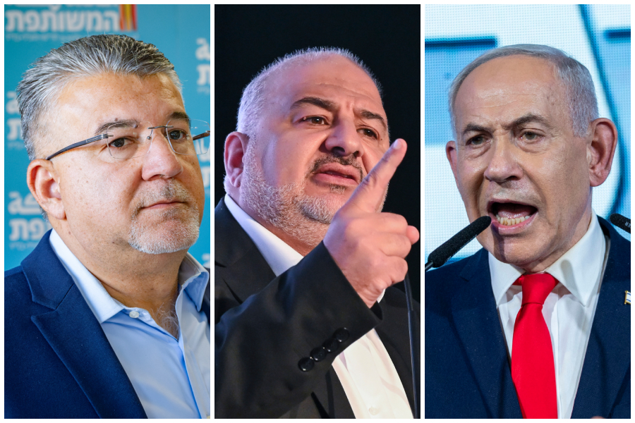 ראש הממשלה בנימין נתניהו (מימין) ומנהיגי הרשימות הערביות מנסור עבאס ויוסף ג'בארין (צילומים: חיים גולדברג, מיכאל גלעדי ושרון לייבל/פלאש90)