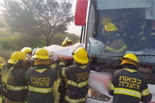 זירת התאונה בין אוטובוס לטרקטור בכביש 25, סמוך למושב שיבולים, הבוקר. נהג האוטובוס נהרג ועשרות נוסעות נפצעו (צילום: תיעוד מבצעי מד"א)
