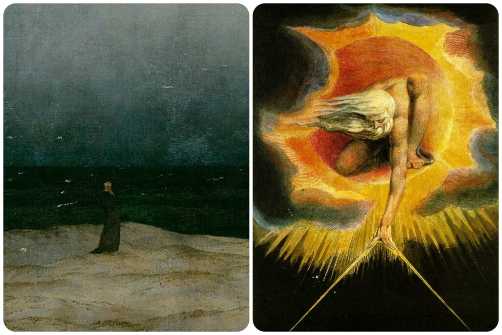 'עתיק היומין', וויליאם בלייק; 'הנזיר שעל שפת הים', קספר דויד פרידריך.   שני תיאורי האדם שנברא מבטאים גישות שונות כלפי הקיום